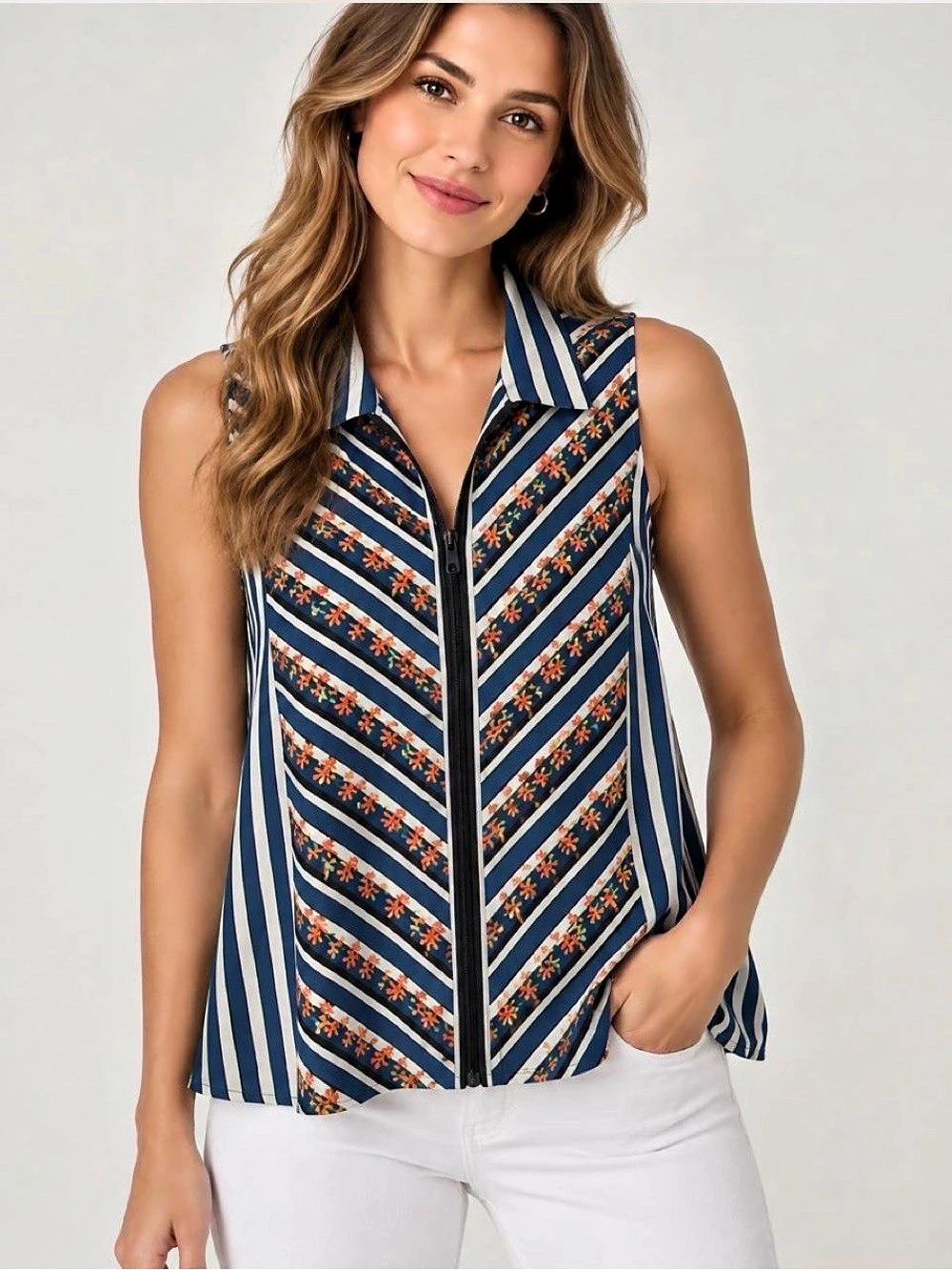 Cabi Chevron Top 6318 Blue White Stripe Orange Flower Medium EUC